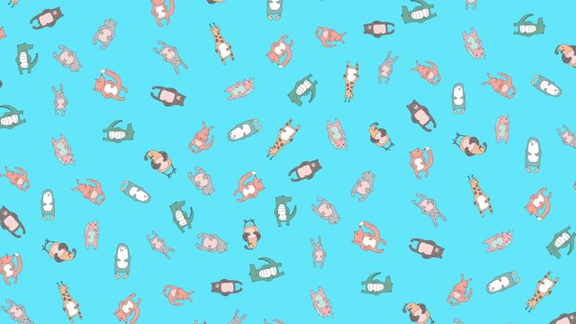 Seamless animated pattern with cute cartoon animals on colorful background. Loopable 4K background animation.