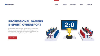 Obraz na płótnie Canvas Two teams of Professional eSport Gamers Playing in Competitive Video Games on a Cyber Games Tournament. Template for web banner, landing page. Flat isometric vector illustration isolated on white