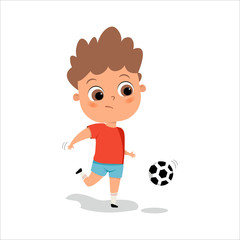 cute kid  teen boy play soccer as striker vector illustration. Happy cute kid play football. Boy and  sport. Cute kids play sport games. Footballer cartoon illustration. Kids football. Sport games 