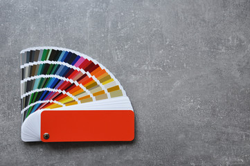 Palette of different colors and shades on concrete background. Color palette guide on grey background
