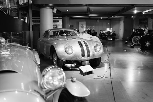 Athens, Greece - Dec 22, 2019: Interior view of the Hellenic Motor Museum in Athens city. Collection of old time classic cars from around the world