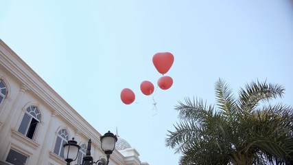 A young beautiful female releases red heart balloons in the sky - Valentine's day. Tilt shot of Indian girl happily releasing a bunch of red balloons  a symbol of love during Valentine's celebratio...