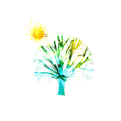 Abstract watercolor tree with bare branches. . Mixed media. Vector illustration