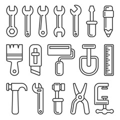 Tool Icon Set on White Background. Line Style Vector