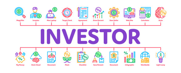 Investor Financial Minimal Infographic Web Banner Vector. Investor With Money Dollar And Lightbulb, Brain With Percentage Mark And Document Concept Illustrations