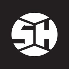 SH Logo monogram with piece circle ribbon style on black background