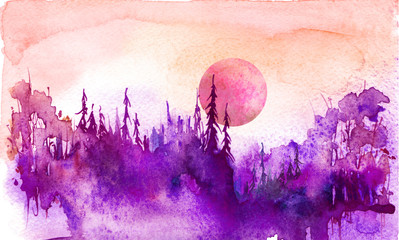 Watercolor drawing, illustration. Forest landscape, fir, pine, tree, cedar, red, pink sun, sunset, sunrise. Splash paint, abstract illustration. Art painting. Winter landscape. Mystic forest
