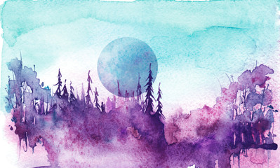 Watercolor group of trees - green fir, pine, cedar, fir-tree. Forest on the slope, cliff, grief. green forest, landscape, fog forest landscape, slope, mountain. Full moon, eclipse. Mystical landscape.