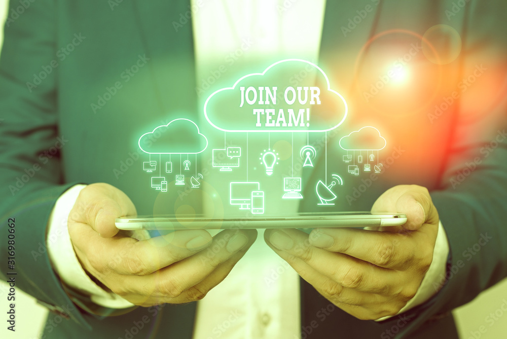 Poster text sign showing join our team. business photo text inviting someone into your local group or compa