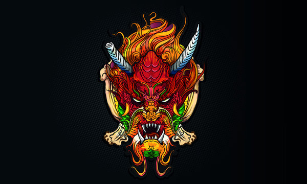 Head of angry red dragon illustration. Vector graphics for t-shirt prints and other uses