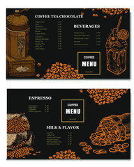 Coffee illustration. Hand drawn vector banner. Coffee beans, bag, dessert. Menu