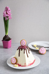 Easter food background. Traditional curd Easter cake with spring flowers crocus on the  light background. Easter cottage cheese dessert/
