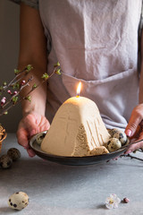 Paskha and kulich, Traditional Orthodox Easter Quark Dessert Curd. Easter background. Traditional cottage cheese cake.