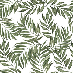 Naklejka na ściany i meble Seamless pattern with watercolor hand draw tropical leaves isolated on white background