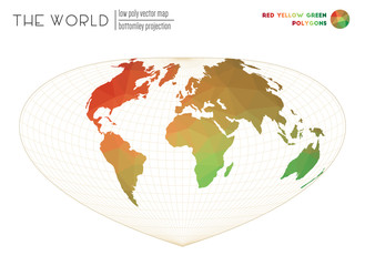 Low poly design of the world. Bottomley projection of the world. Red Yellow Green colored polygons. Modern vector illustration.