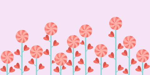 Red-pink lollipops on green stems with leaves in the form of hearts.Vector illustration of a banner for Valentine's day on a colored background