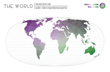 World map with vibrant triangles. Waldo R. Tobler's hyperelliptical projection of the world. Purple Green colored polygons. Neat vector illustration.