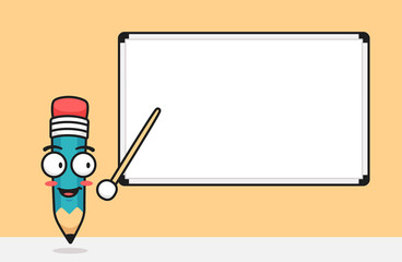 Pencil Character point the whiteboard with stick teaching presenting presentation illustration with text space template