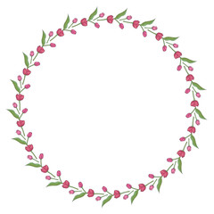 Fototapeta na wymiar Round frame with horizontal lovely pink tulips on white background. Isolated frame of flowers for your design.