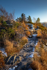 Fototapeta na wymiar Steep path in autumn forest leading to snowy mountains peak