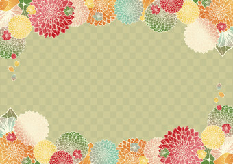 和柄の背景素材　レトロ　アンティーク　うぐいす色　青緑　和風　着物風　市松模様　結婚式のフレーム素材