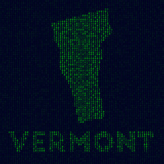 Digital Vermont logo. US state symbol in hacker style. Binary code map of Vermont with US state name. Astonishing vector illustration.