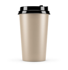 Takeway Coffee. Packing cardboard paper cup for hot drink with black cap and text coffee to go. Isolated mockup on white background. 3d rendered illustration.