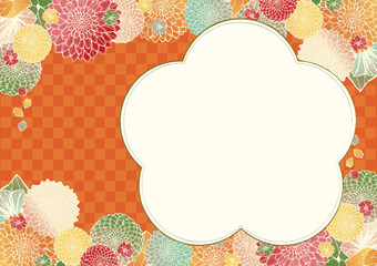 和柄の背景素材　レトロ　アンティーク　橙　オレンジ　青緑　和風　着物風　市松模様　結婚式のフレーム素材