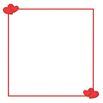 Red place card with two hearts. Square frame. Valentine's, wedding card. Place for text, photo. Love