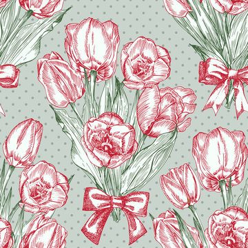 Greeting seamless with Spring flower tulips bouquet in red and green colors on blue background. Engraving drawing Vintage style