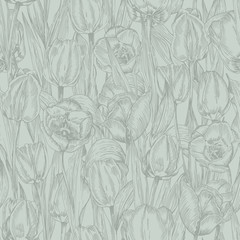 Fototapeta premium Greeting seamless with Spring flower tulips bouquet in gray green colors on blue background. Engraving drawing Vintage style