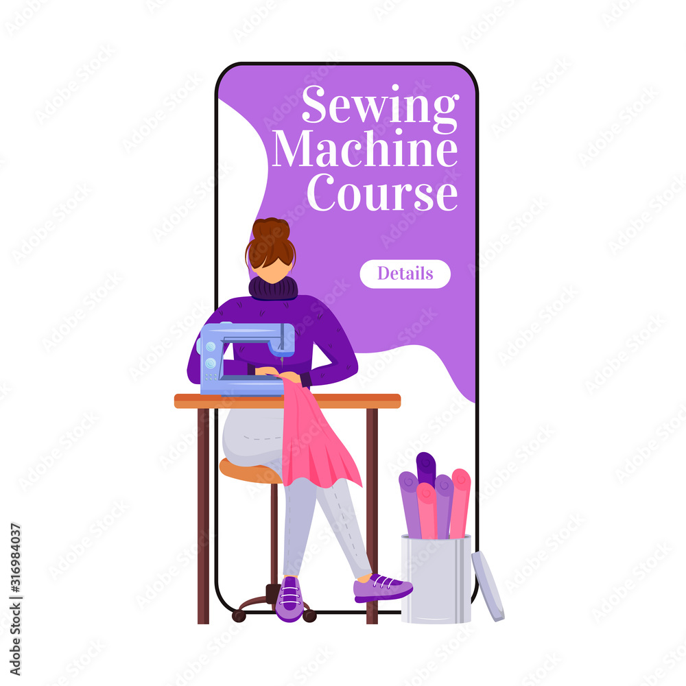Poster sewing machine course cartoon smartphone vector app screen. beginners fashion class. mobile phone di