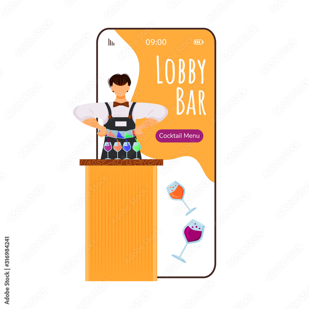 Poster lobby bar cartoon smartphone vector app screen. mobile phone display with bartender flat character d