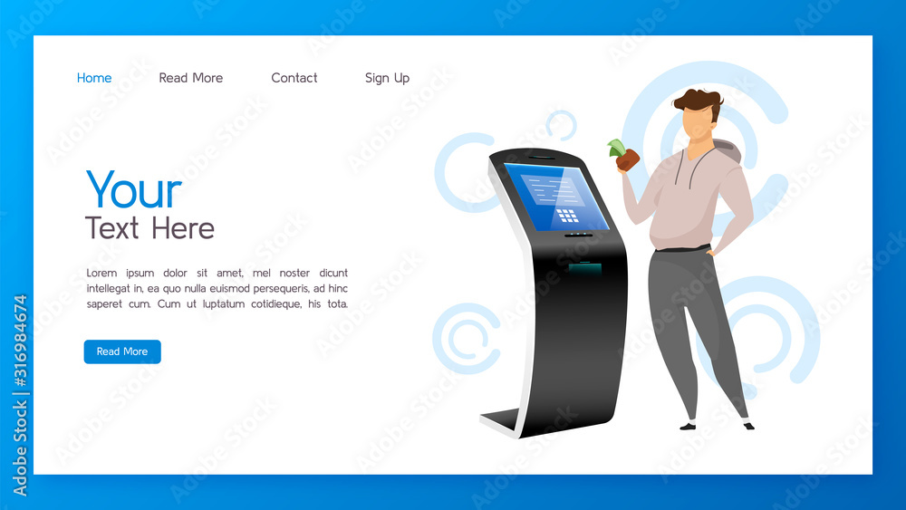 Poster bank terminal landing page vector template. cash operation website interface idea with flat illustra