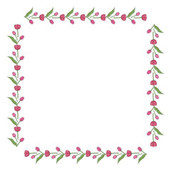 Square frame with horizontal lovely pink tulips on white background. Isolated frame of flowers for your design.