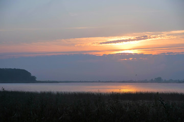  Epic dawn on the Ukrainian lake Lyubyaz. Copy space.