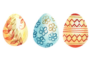 Set of hand drawn watercolor elements for easter design. eggs. Blue and orange elements. Best for greeting cards, posters, fabric, ceramic, textile, scrapbooking