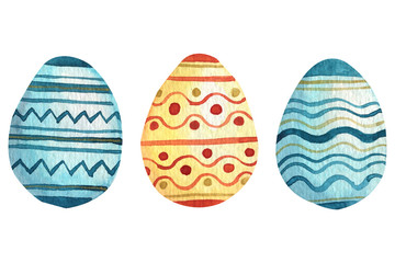 Set of hand drawn watercolor elements for easter design. eggs. Blue and orange elements. Best for greeting cards, posters, fabric, ceramic, textile, scrapbooking