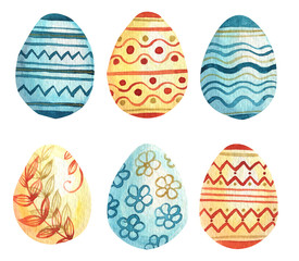 Set of hand drawn watercolor elements for easter design. eggs. Blue and orange elements. Best for greeting cards, posters, fabric, ceramic, textile, scrapbooking