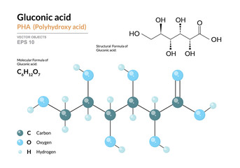 Gluconic acid. PHA Polyhydroxy acid. Structural chemical formula and molecule 3d model. Atoms with color coding. Vector illustration