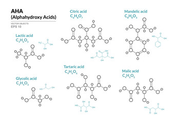 Lactic, Glycolic, Citric, Tartaric, Mandelic, Malic acids. AHA Alphahydroxy acids. Structural chemical formula and molecule model. Vector illustration
