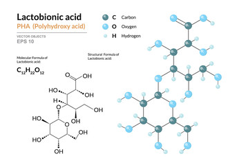 Lactobionic acid. PHA Polyhydroxy acid. Structural chemical formula and molecule 3d model. Atoms with color coding. Vector illustration