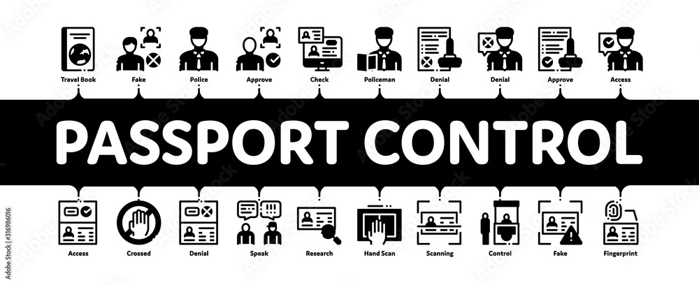 Poster passport control check minimal infographic web banner vector. scanning passport and stamp, policeman