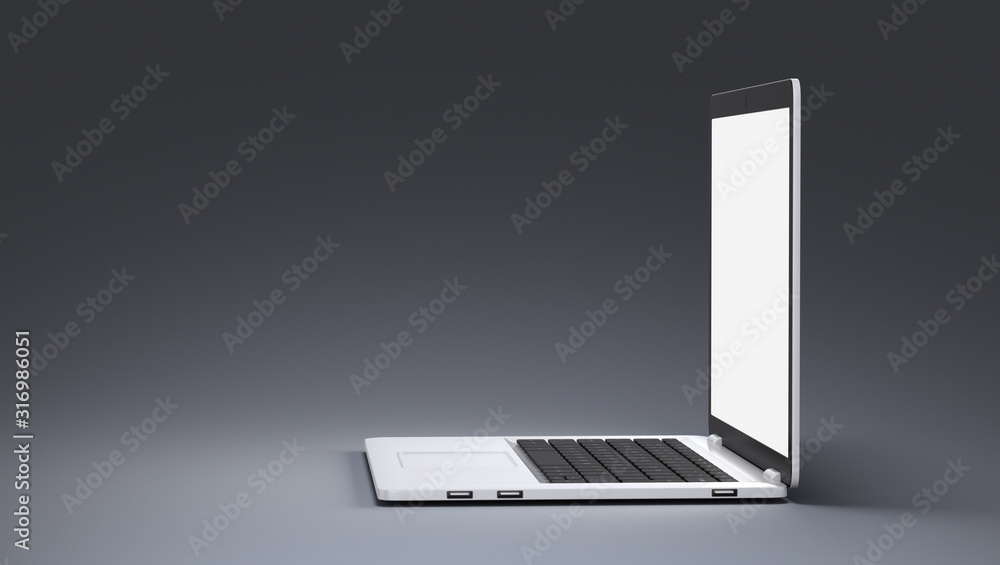 Poster laptop isolated on gray background with open bright display. 3d render