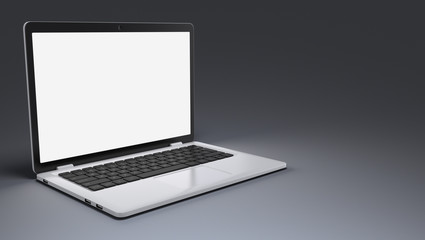Blank screen notebook, laptop on a gray background. 3d render