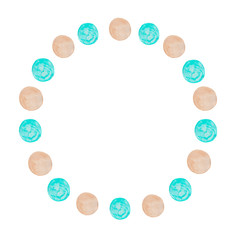 Watercolor round border frame drawn by hands. Mint and brown dots. Delicate pastel shades. Elements for design, wedding decor, print, greeting card, invitation.