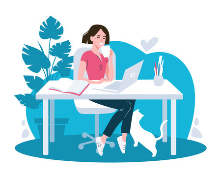 woman drinking coffee at desk with cat clip art preview