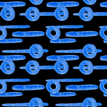Vivid seamless pattern on a black background. Abstract blue circles and stripes. Volume elements drawn in watercolor. Modern bright print