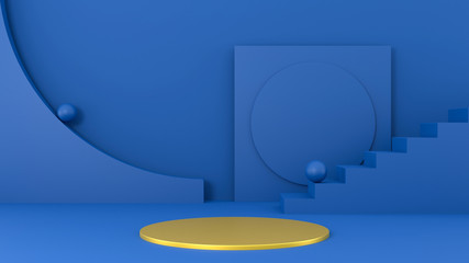 Abstract 3d background in trendy classic blue color. Geometric shapes, staircase, spheres, rectangle, gold podium. Blank exhibition mockup concept, blue studio room, luxury platform abstract design.