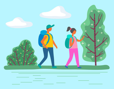People wearing backpack going near green tree and bush plants. Adventure of man and woman characters in casual clothes on camping or hiking tour. Couple of male and female walking outdoor vector